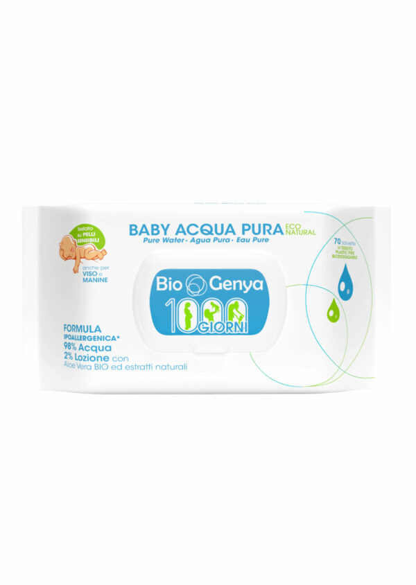 BIOGENYA Salviette Umide BABY ACQUA PURA Eco Natural 70 pz. con Pop-Up ( 12 Confezioni x Cartone ) + Omaggio 4 Confezioni BioGenya Tascabili 20pz.